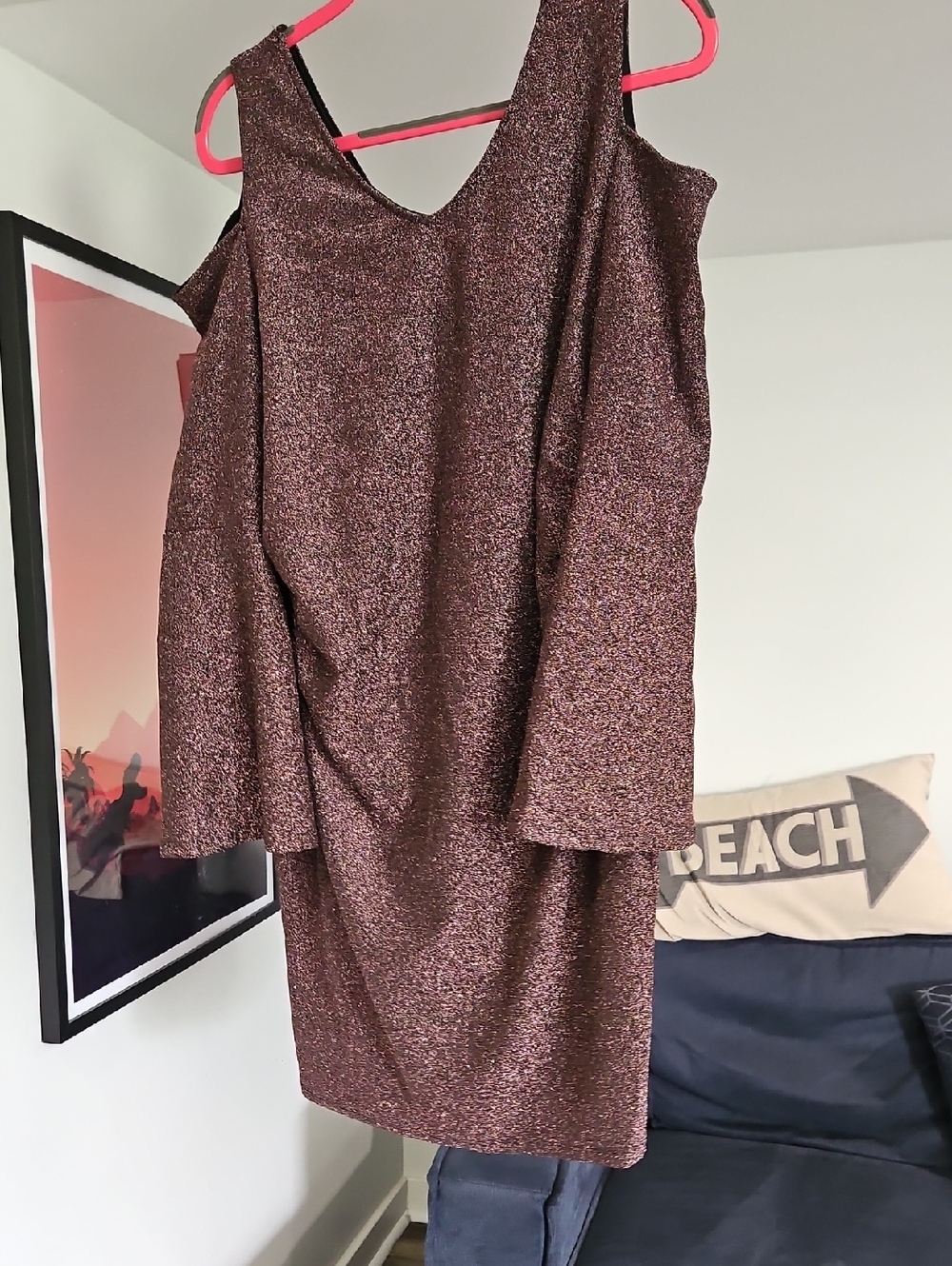 Women’s Maternity Sparkle Cold-Shoulder Dress in Metallic Pink Purple